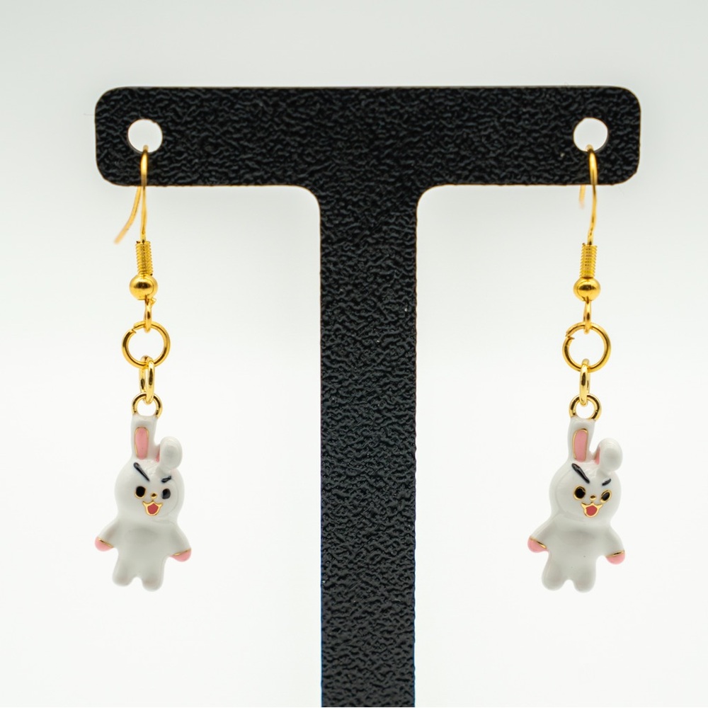 Kidcore Handcrafted Angry Bunny Earrings with Gold Accents